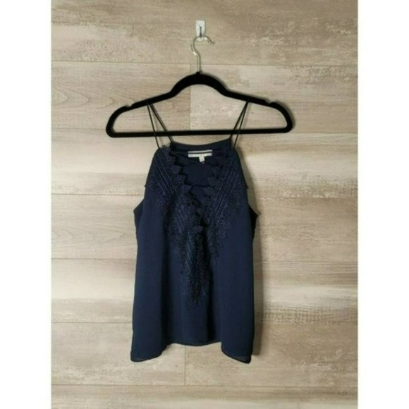 WAYF Posie Strappy Lace V-Neck Camisole Tank Top Navy Blue Size Small Chiffon - Picture 3 of 7